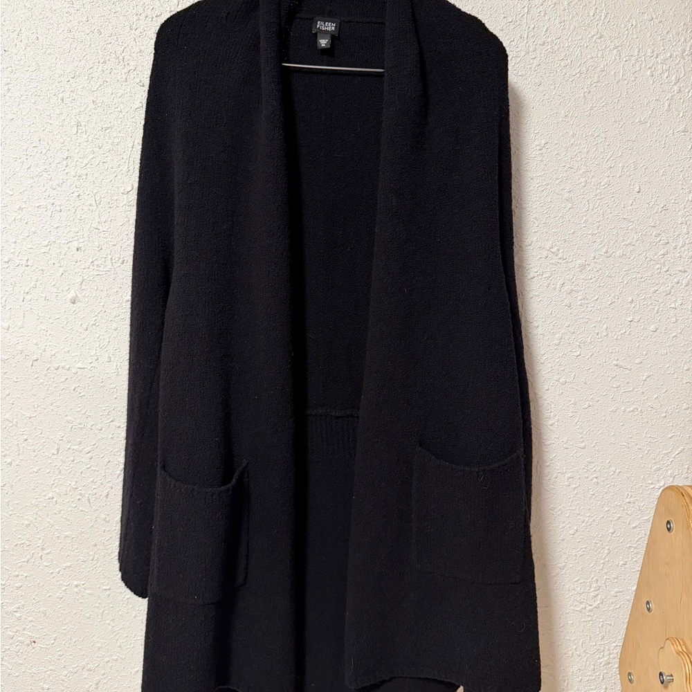 Eileen Fisher Classic Long Black Cardigan Wool blend Lagenlook